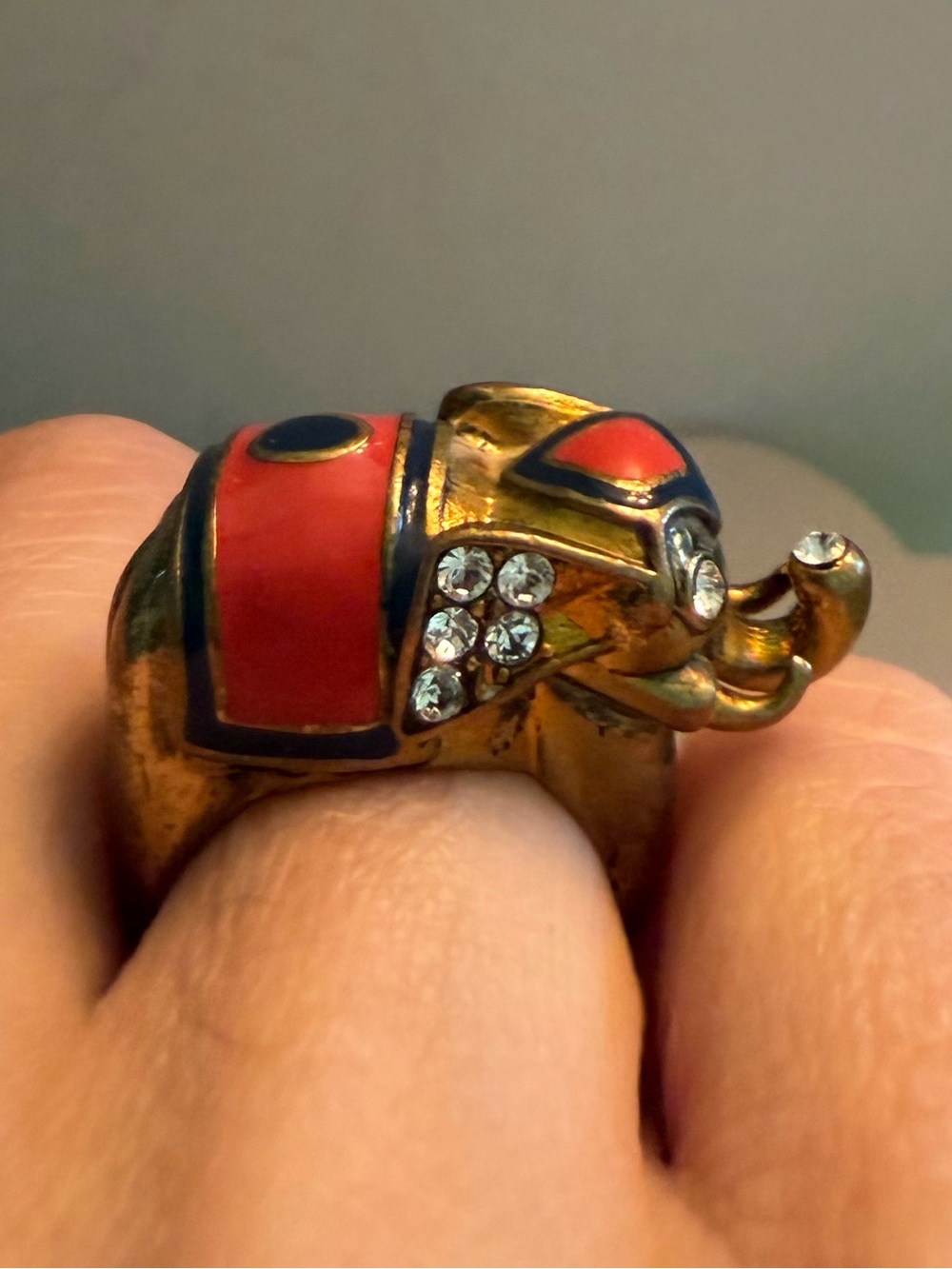 Vintage Gold Tone Elephant Cocktail Ring with Red & Navy Enamel and Rhinestones